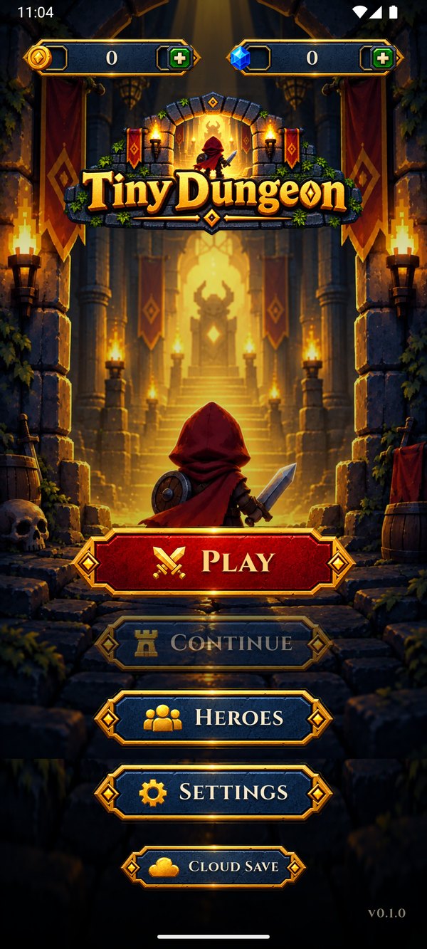 The Tiny Dungeon home screen: a hooded hero facing a torchlit corridor.